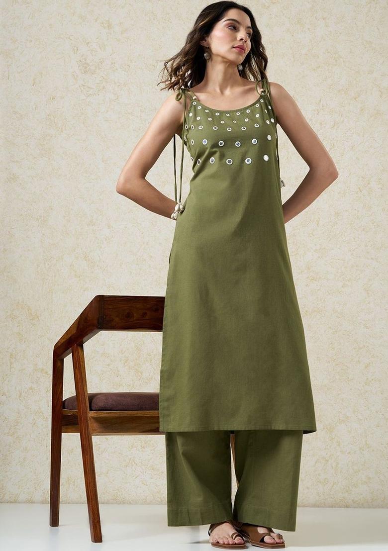 Olive Solid Cotton Straight Kurta Sets - Indya