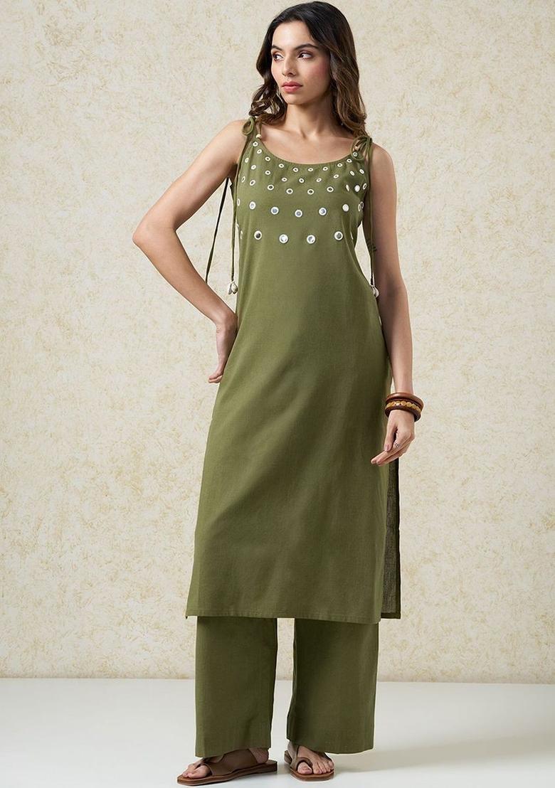 Olive Solid Cotton Straight Kurta Sets - Indya
