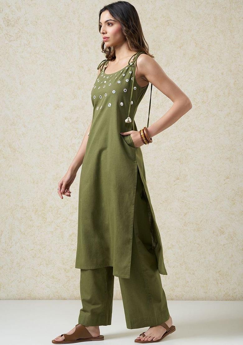 Olive Solid Cotton Straight Kurta Sets - Indya