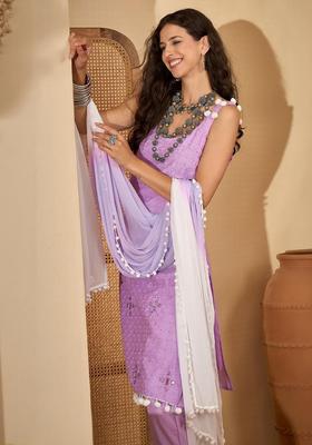 Purple Embroidered Cotton Straight Kurta Sets