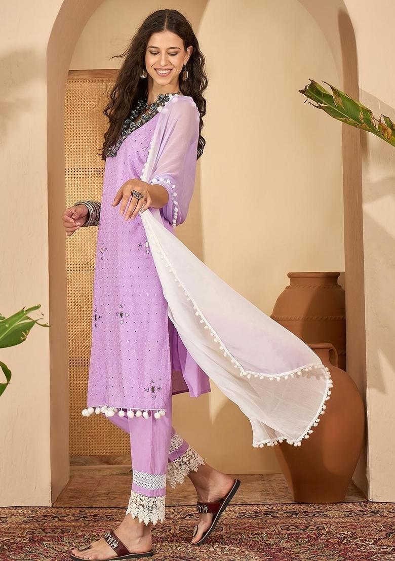 Purple Embroidered Cotton Straight Kurta Sets - Indya