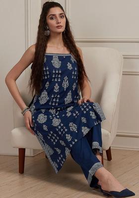 Navy Blue Printed Cotton Straight Kurta Sets