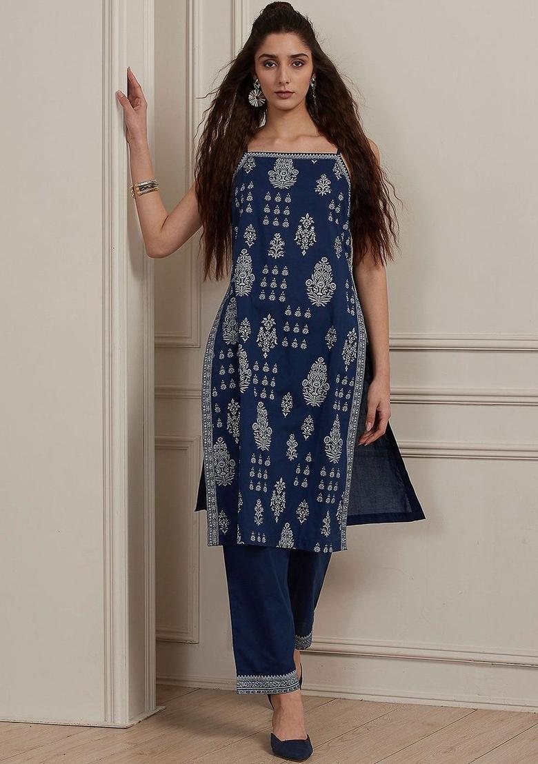 Navy Blue Printed Cotton Straight Kurta Sets - Indya