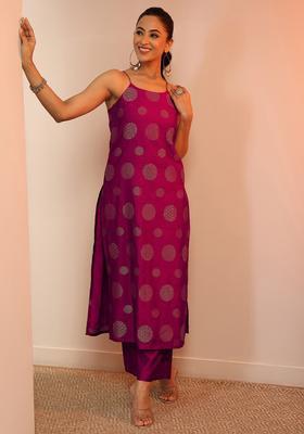Burgundy Printed Silk Straight Kurta Sets