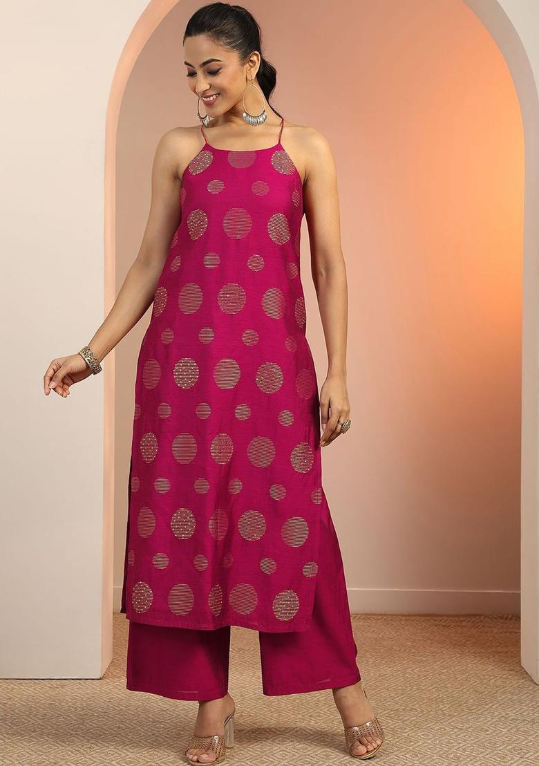 Burgundy Printed Silk Straight Kurta Sets - Indya