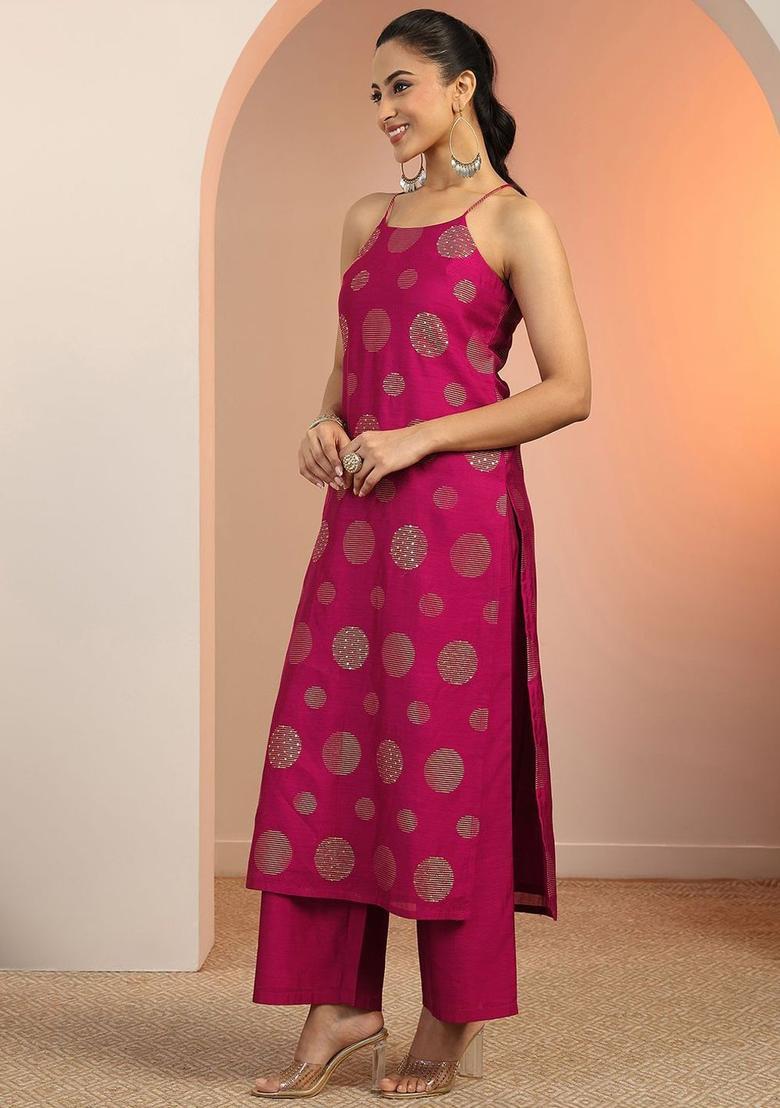 Burgundy Printed Silk Straight Kurta Sets - Indya
