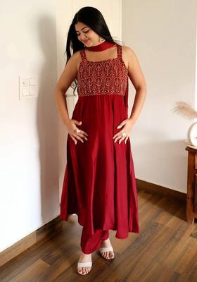 Maroon Embroidered Silk A Line Kurta Sets