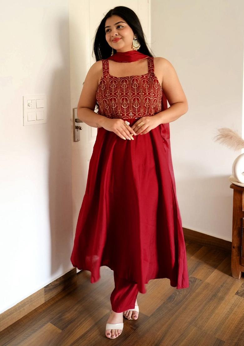Maroon Embroidered Silk A Line Kurta Sets - Indya