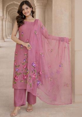 Pink Printed Cotton Straight Kurta Sets
