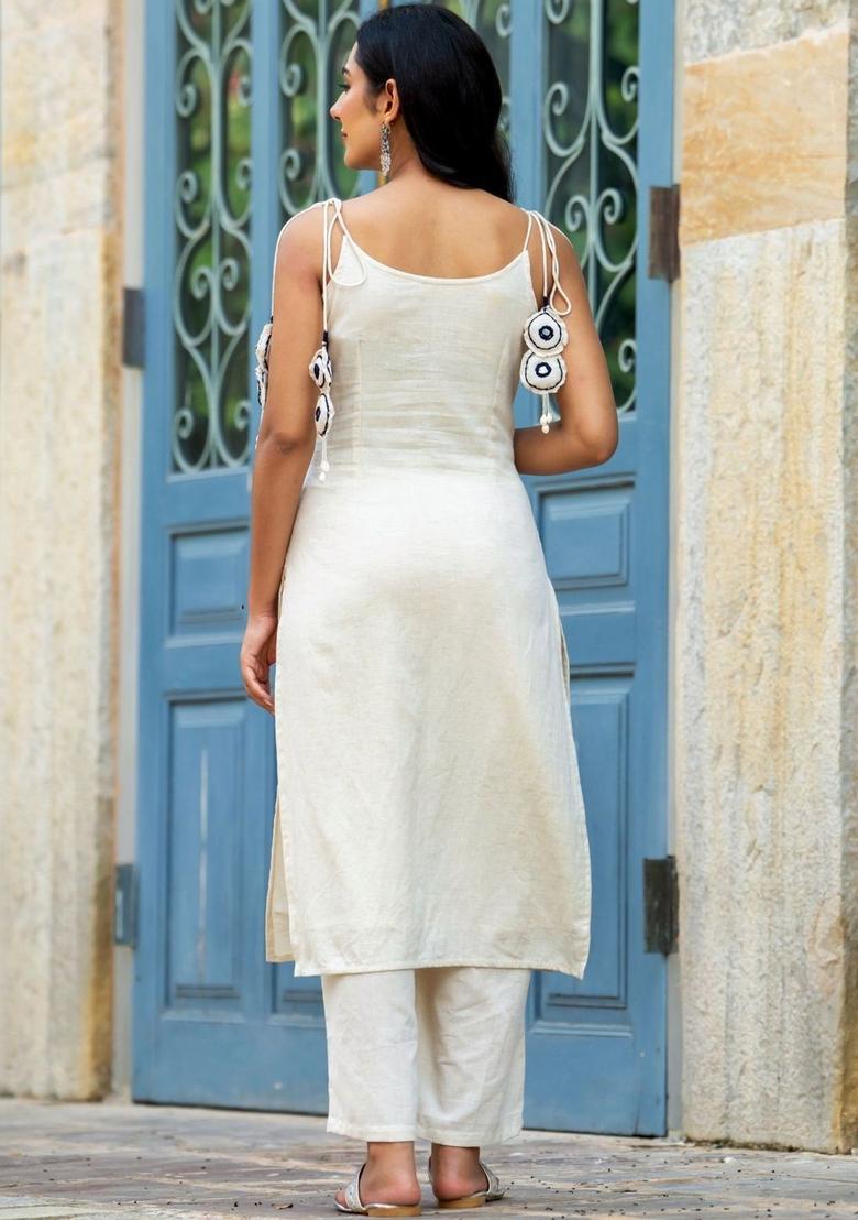 Off White Printed Cotton Straight Kurta Sets - Indya