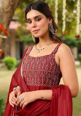 Maroon Embroidered Silk A Line Kurta Sets
