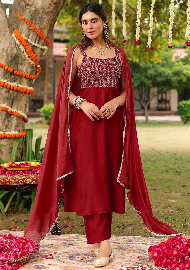 Maroon Embroidered Silk A Line Kurta Sets - Indya