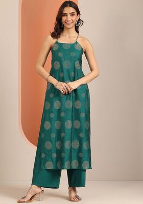 Green Printed Silk Straight Kurta Sets