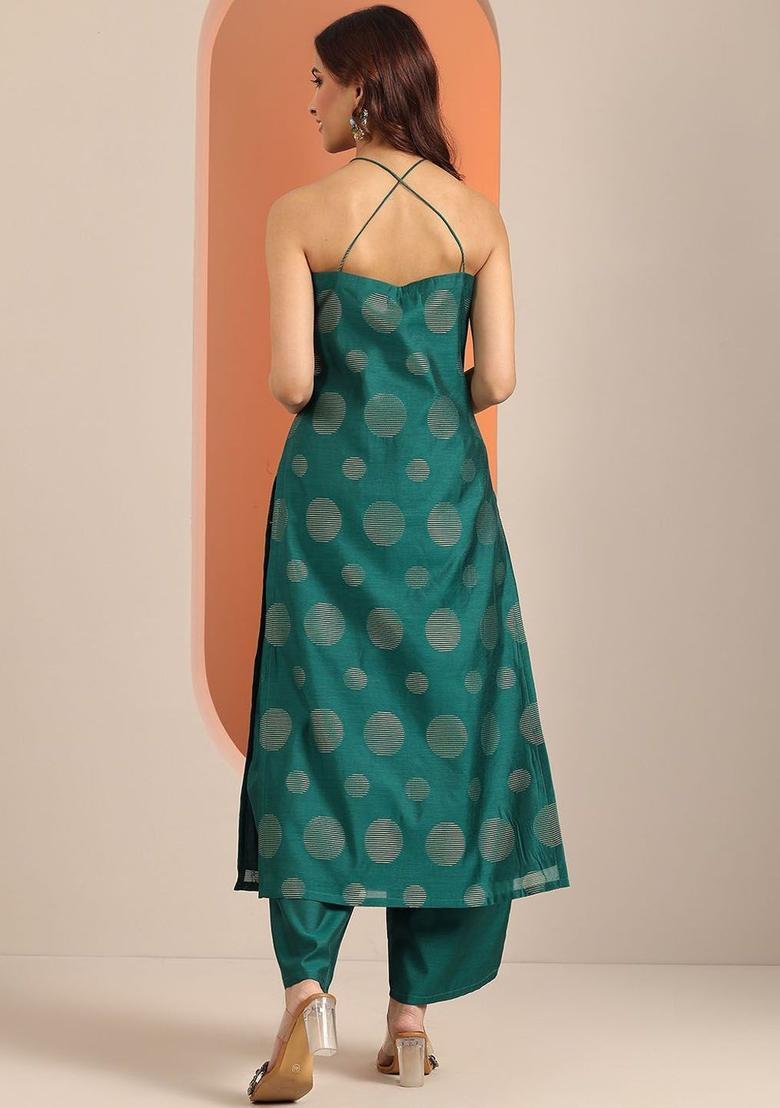 Green Printed Silk Straight Kurta Sets - Indya