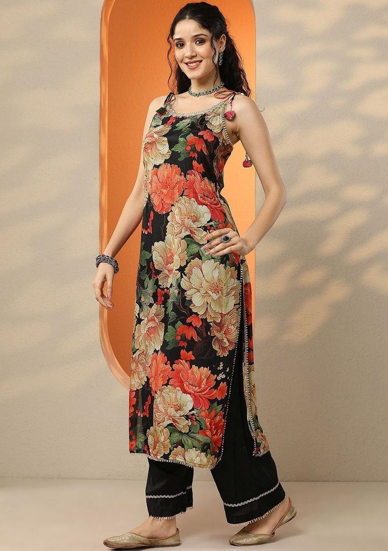 Black Printed Chinon Straight Kurta Sets - Indya