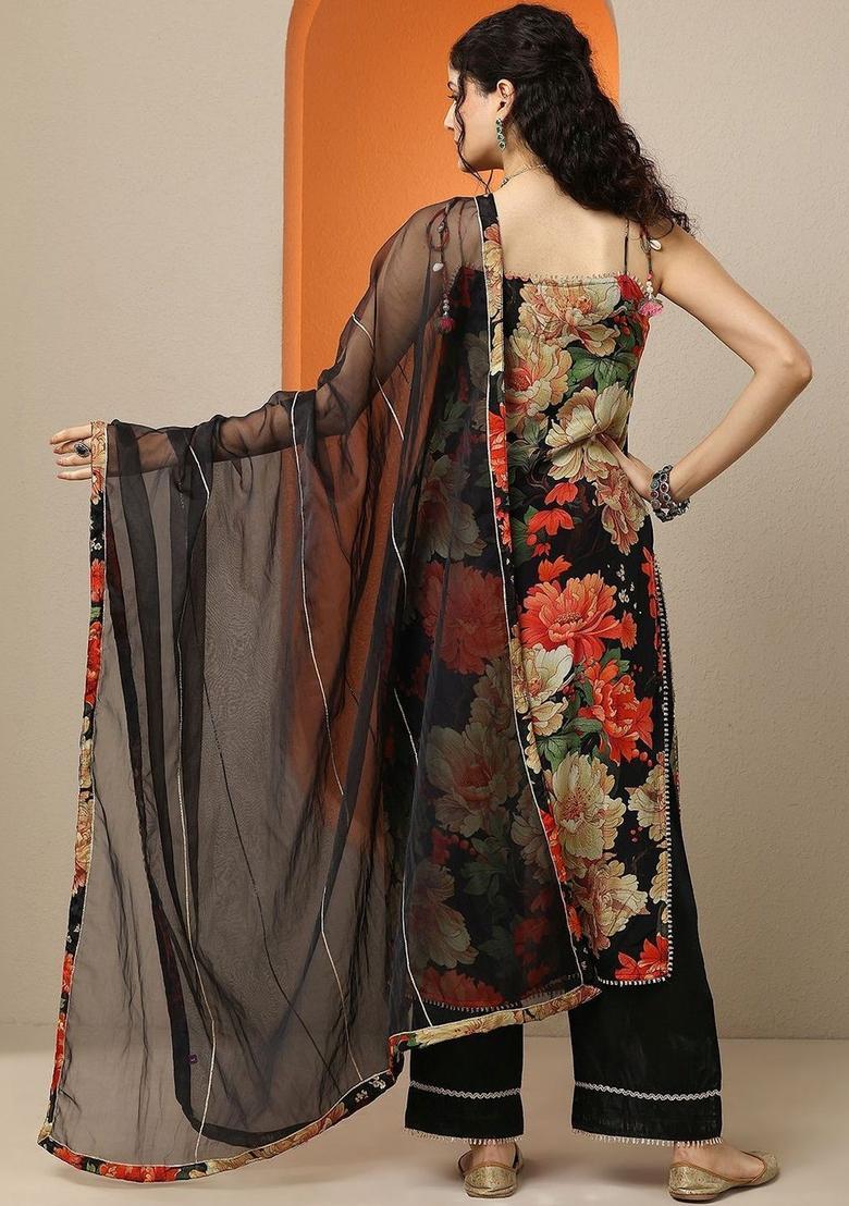 Black Printed Chinon Straight Kurta Sets - Indya