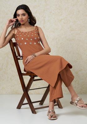 Brown Solid Cotton Straight Kurta Sets