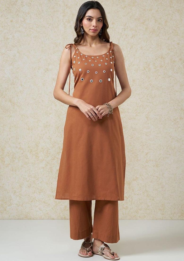 Brown Solid Cotton Straight Kurta Sets - Indya
