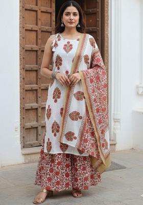 White Printed Cotton Straight Kurta Sets