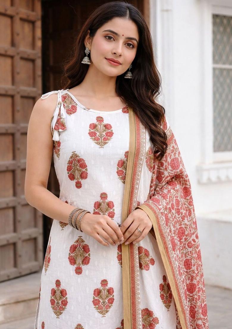 White Printed Cotton Straight Kurta Sets - Indya