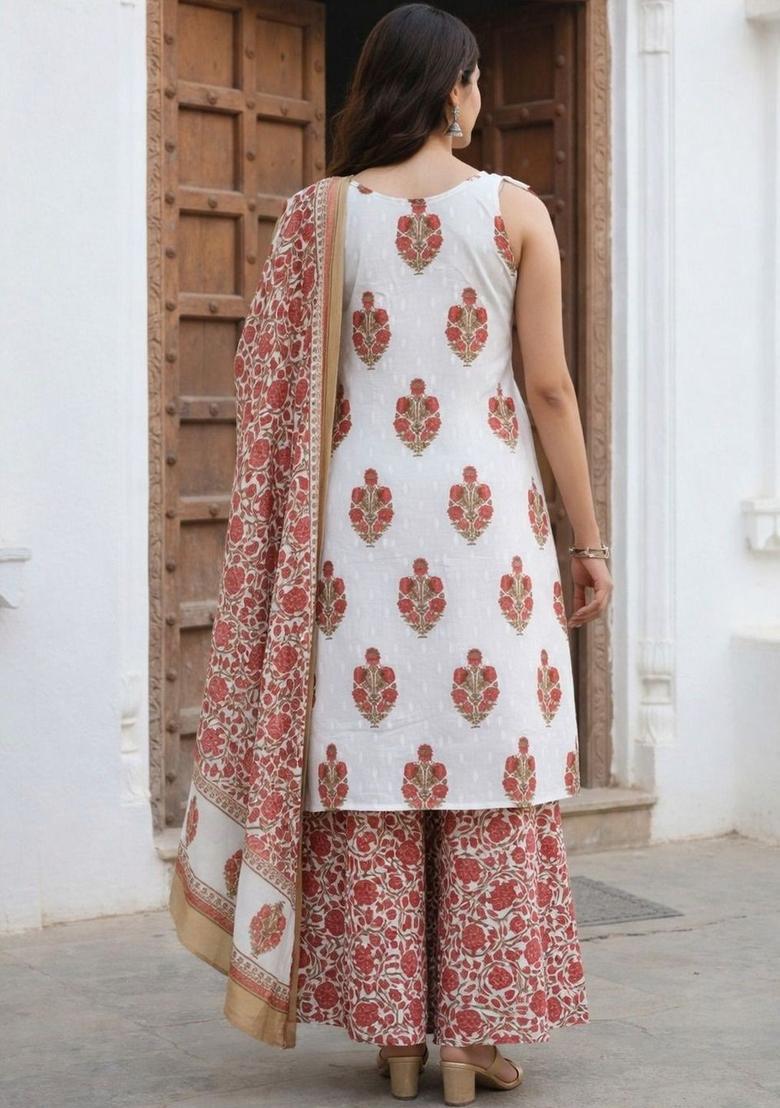 White Printed Cotton Straight Kurta Sets - Indya