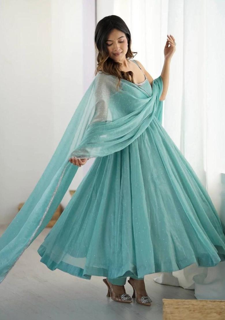 Turquoise Blue Printed Silk Anarkali Sets - Indya