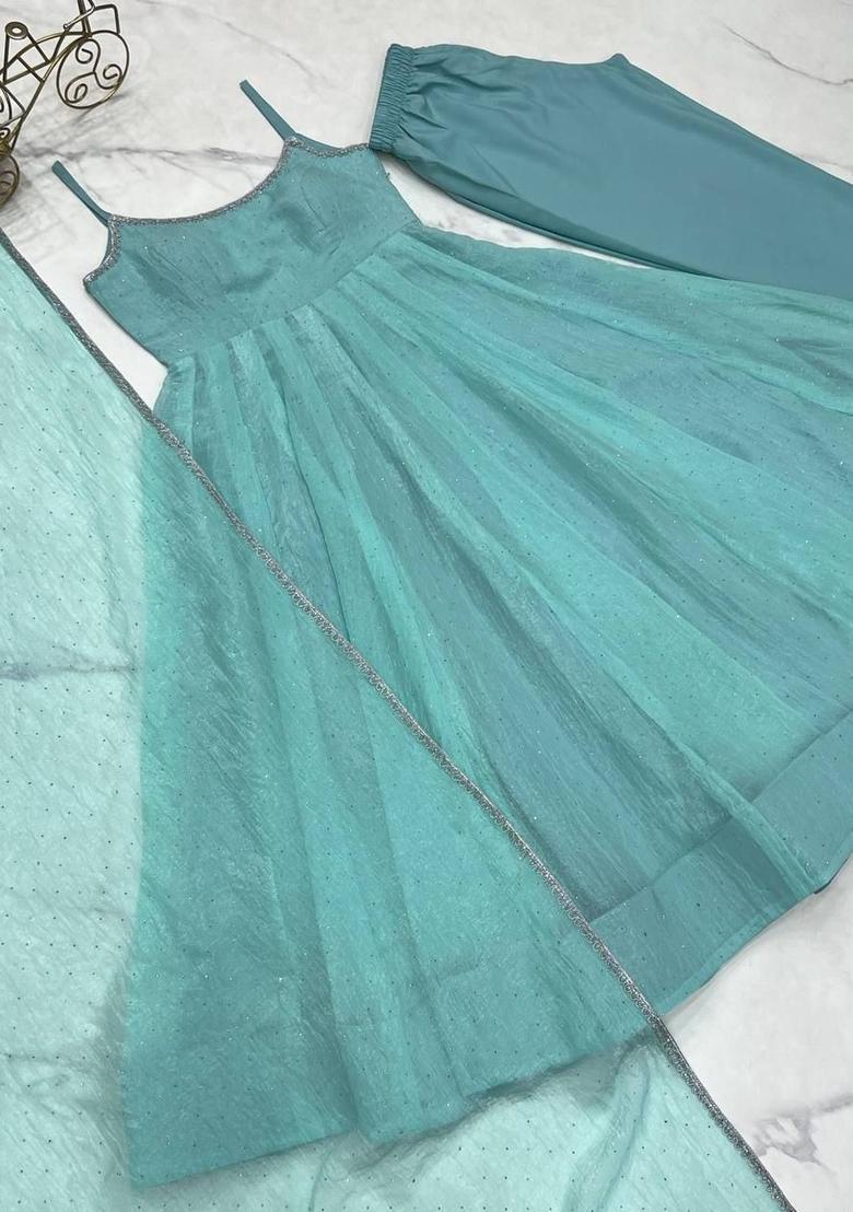 Turquoise Blue Printed Silk Anarkali Sets - Indya