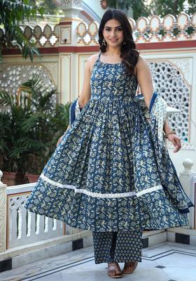 Teal Printed Cotton Anarkali Sets