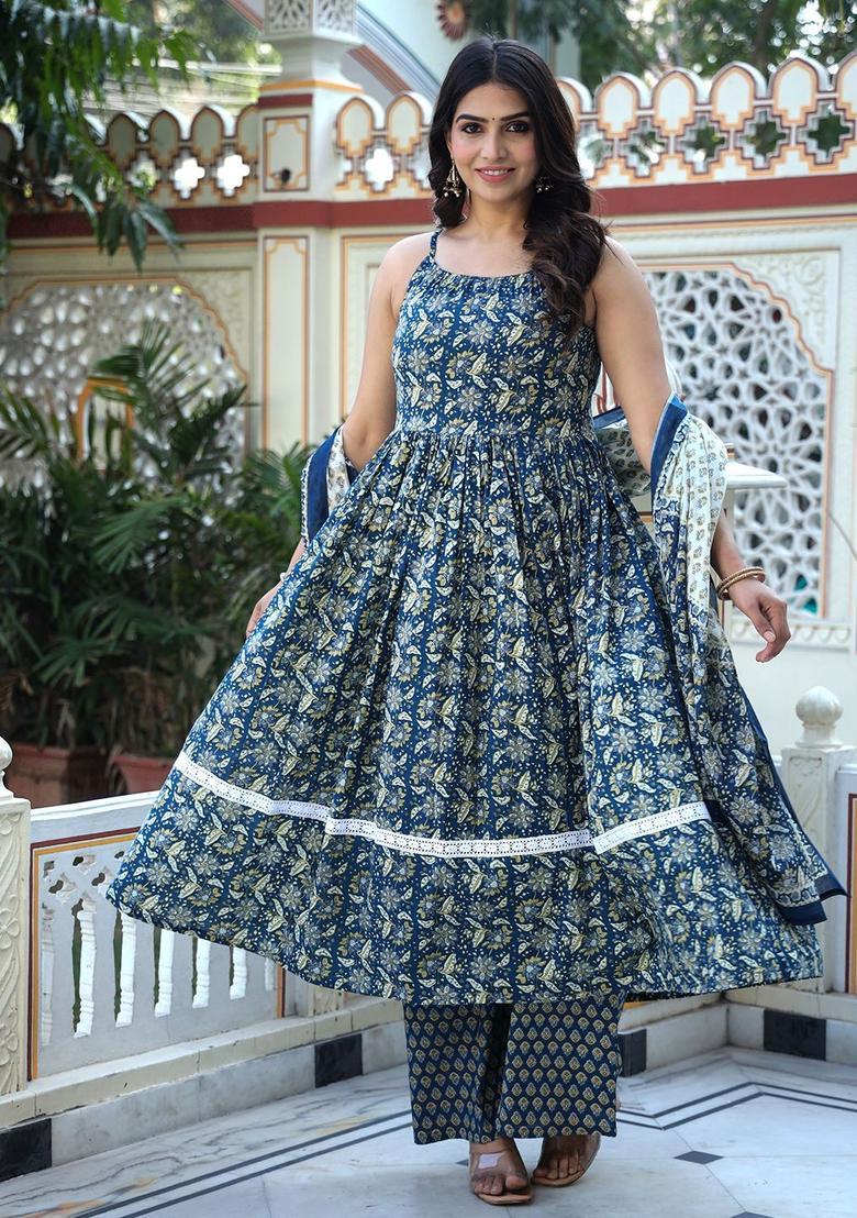 Teal Printed Cotton Anarkali Sets - Indya