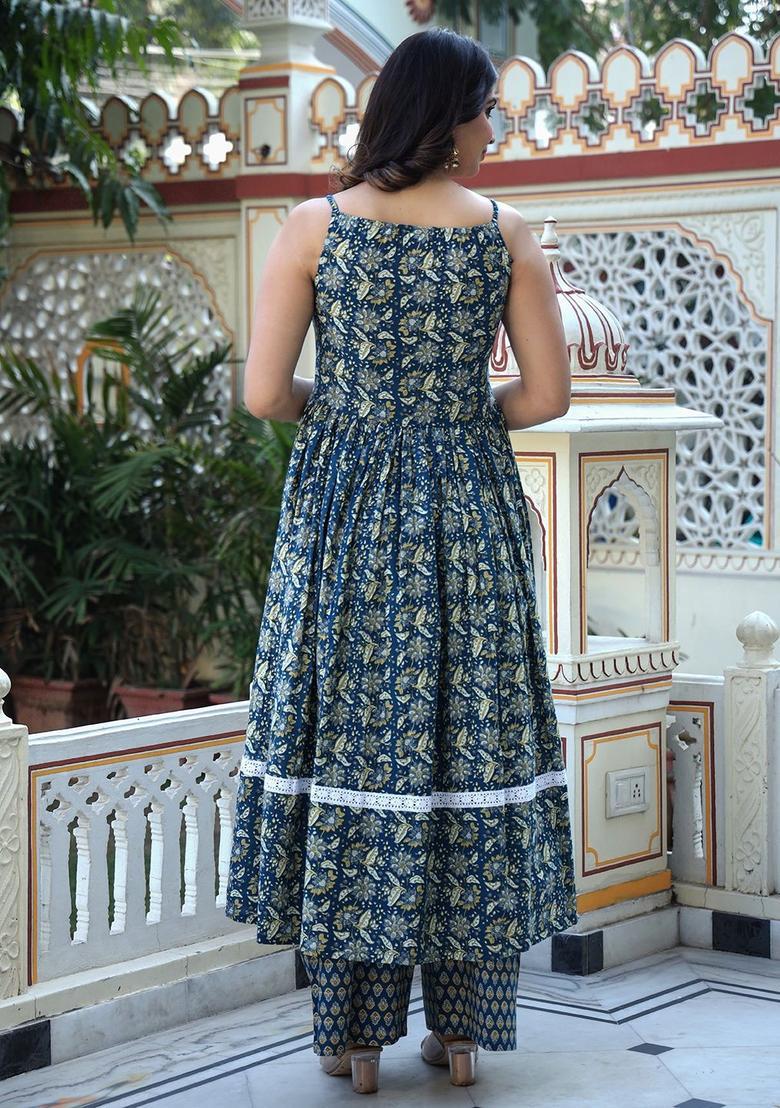 Teal Printed Cotton Anarkali Sets - Indya