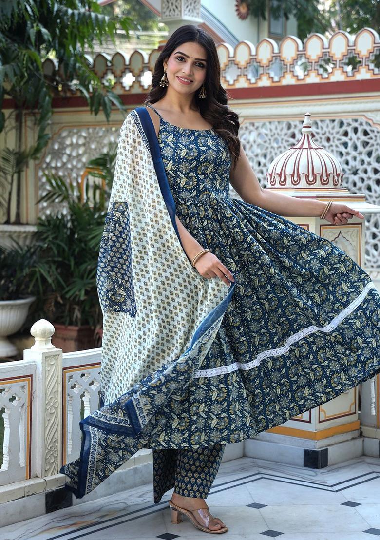 Teal Printed Cotton Anarkali Sets - Indya