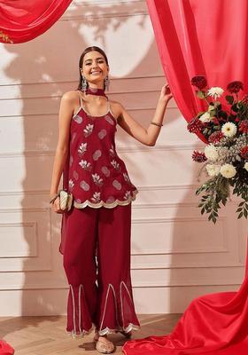 Maroon Embroidered Georgette Straight Kurta Sets