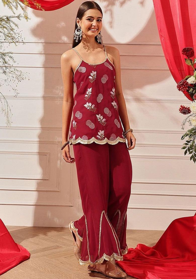 Maroon Embroidered Georgette Straight Kurta Sets - Indya