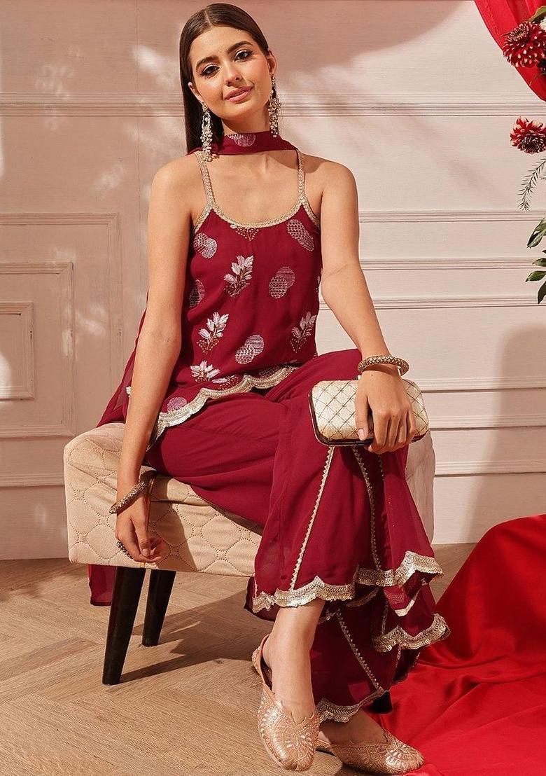 Maroon Embroidered Georgette Straight Kurta Sets - Indya