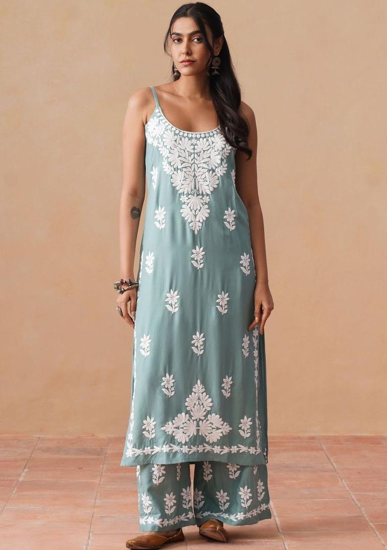 Sea Green Embroidered Viscose Straight Kurta Sets - Indya