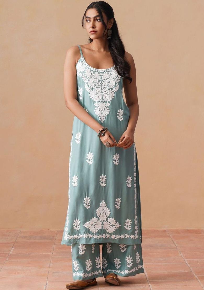 Sea Green Embroidered Viscose Straight Kurta Sets - Indya