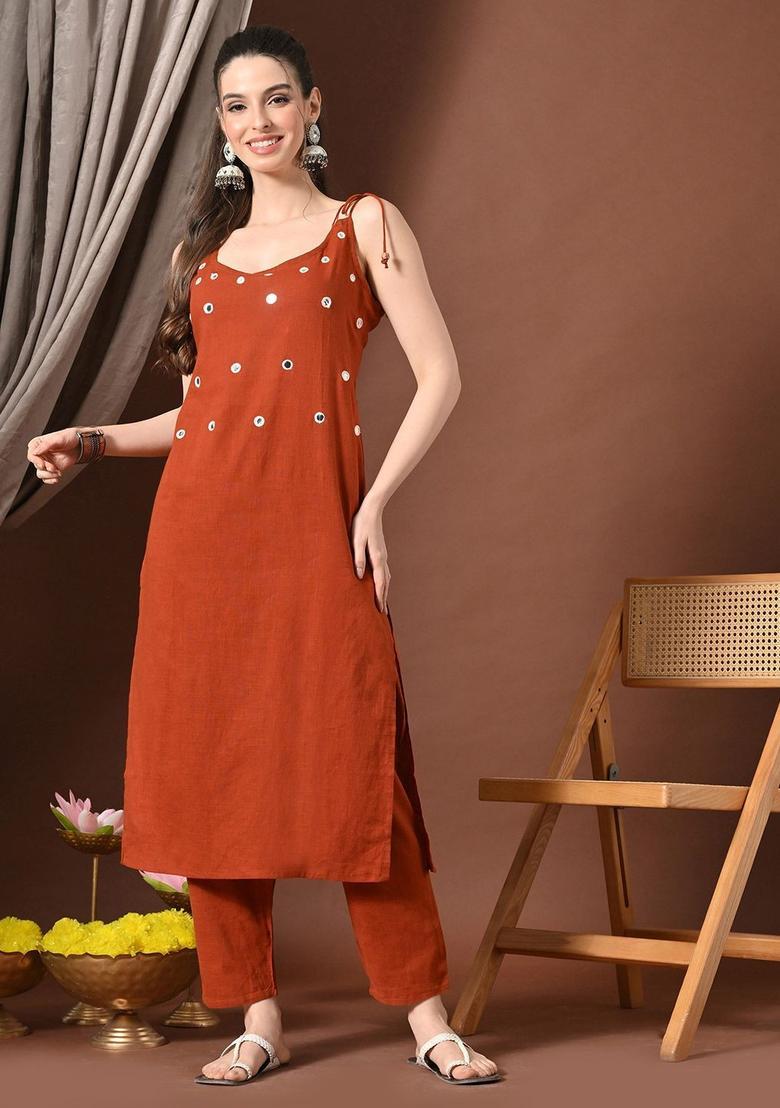 Rust Embroidered Cotton Straight Kurta Sets - Indya