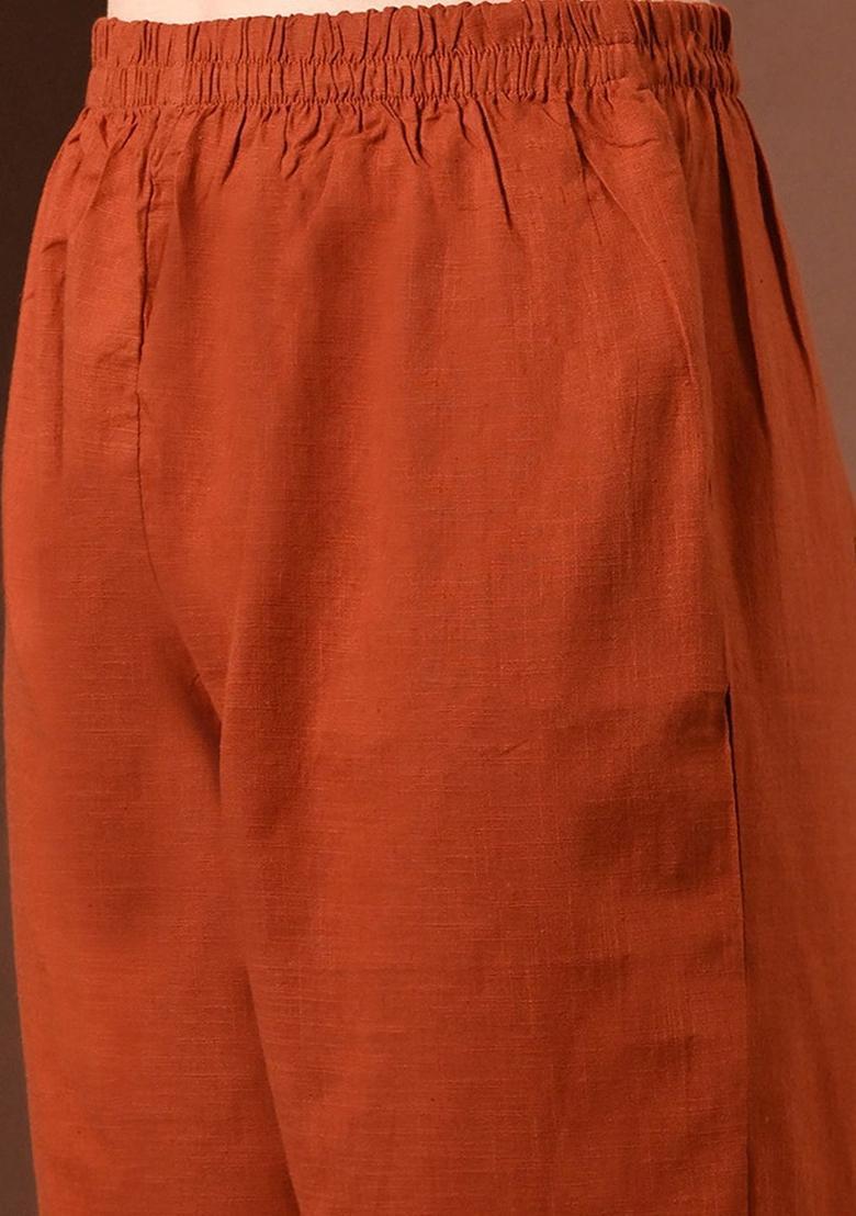 Rust Embroidered Cotton Straight Kurta Sets - Indya