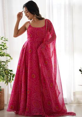 Pink Printed Silk Anarkali Sets