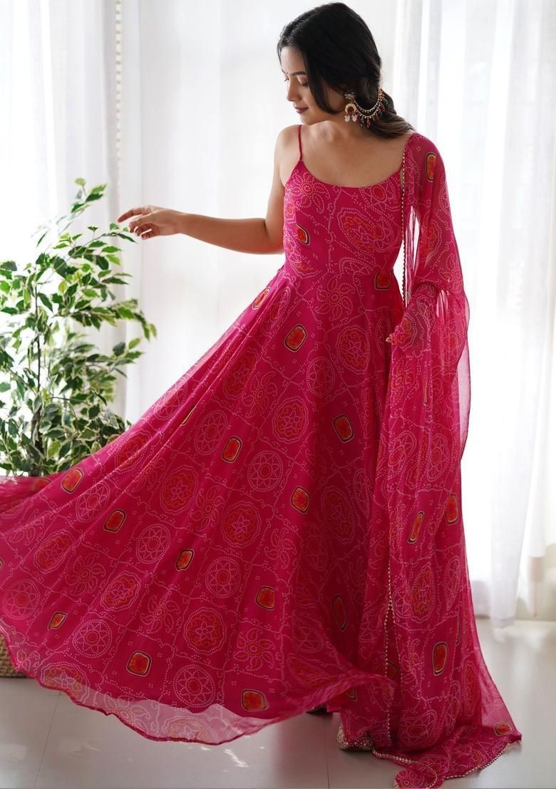 Pink Printed Silk Anarkali Sets - Indya
