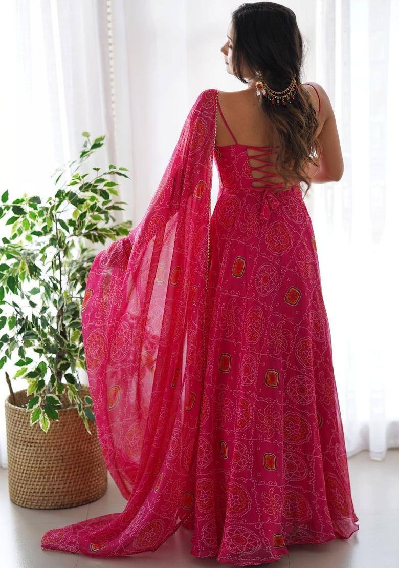 Pink Printed Silk Anarkali Sets - Indya