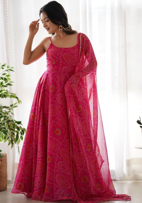 Pink Printed Silk Anarkali Sets — view on Indya