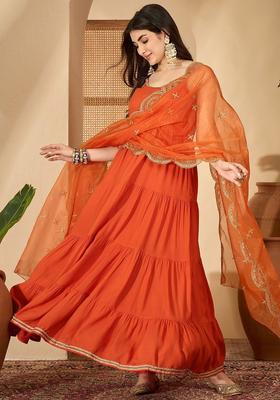 Orange Solid Viscose A Line Kurta Sets