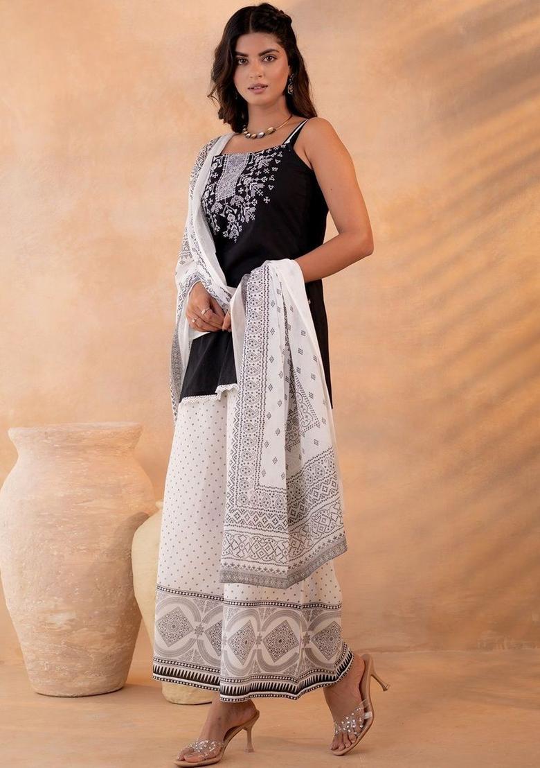 Black Embroidered Cotton Straight Kurta Sets - Indya