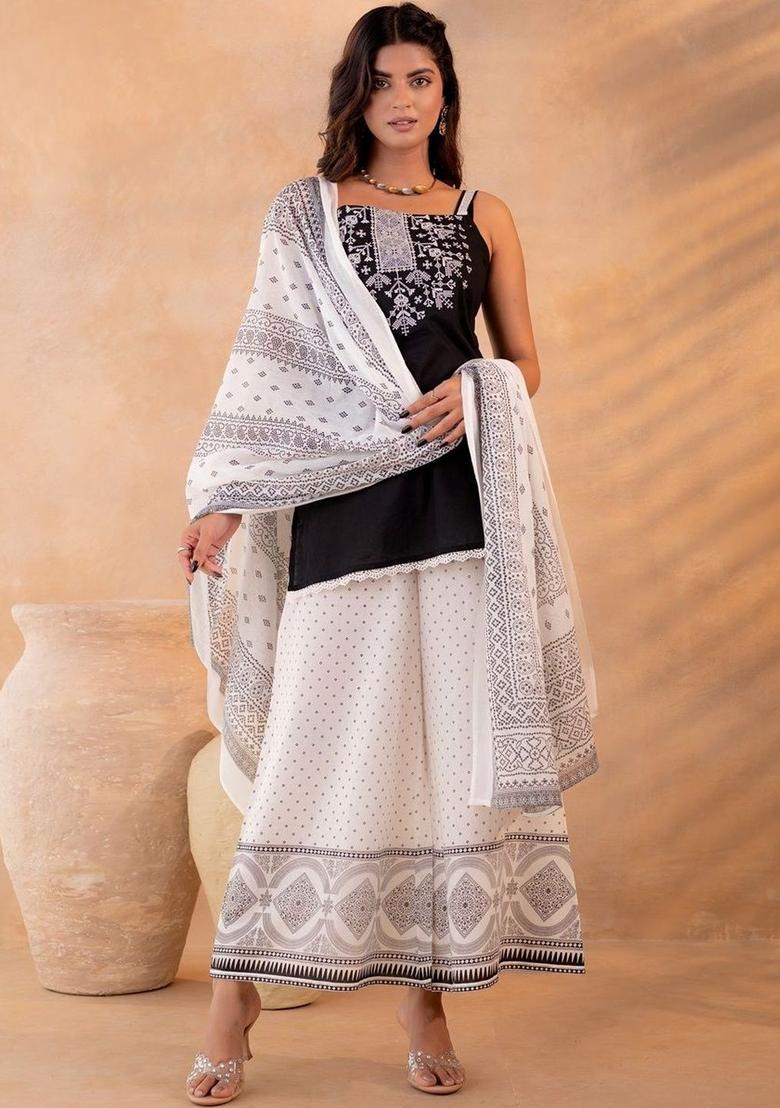 Black Embroidered Cotton Straight Kurta Sets - Indya