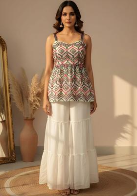 Off White Embroidered Georgette A Line Kurta Sets