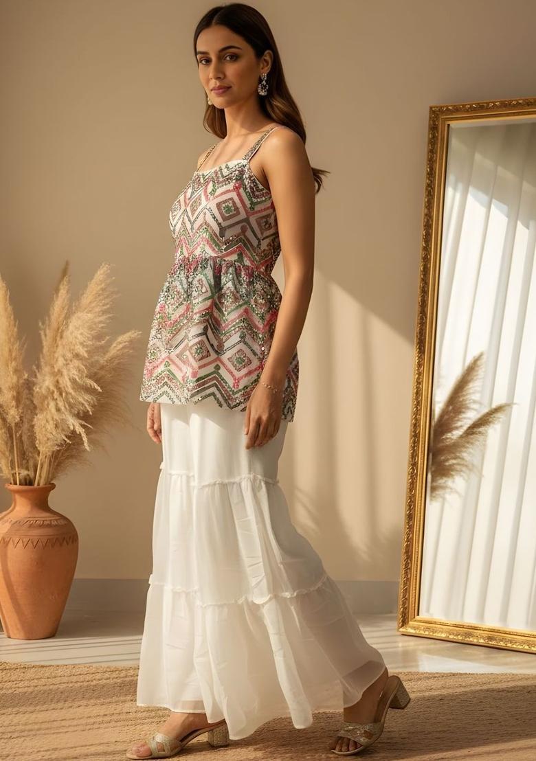 Off White Embroidered Georgette A Line Kurta Sets - Indya