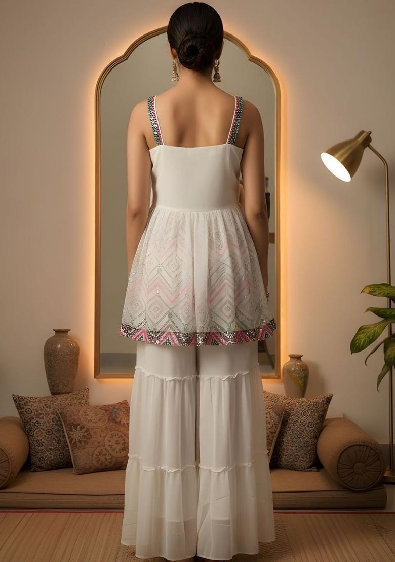 Off White Embroidered Georgette A Line Kurta Sets - Indya