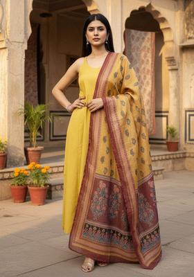 Mustard Solid Cotton Straight Kurta Sets