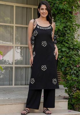 Black Embroidered Cotton Straight Kurta Sets